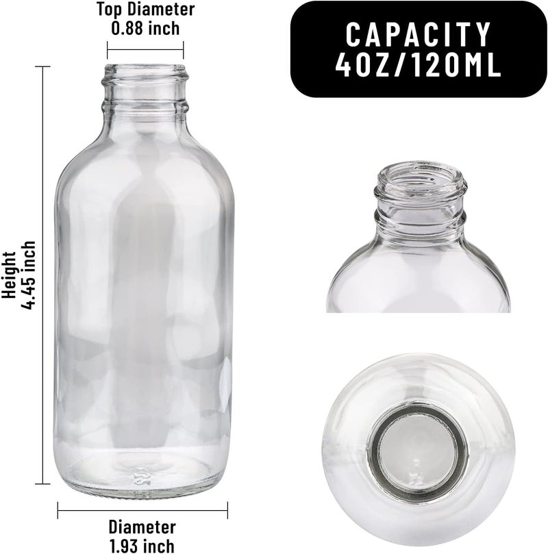 PINIWON 12 Pack 4 oz Clear Glass Bottles, 120ml Boston Round Sample Bottles with Black Poly Cone Caps, Labels, Funnels and Brush - Image 3